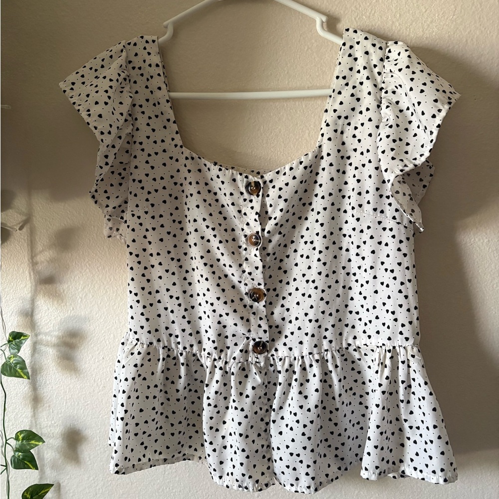 SHEIN White Peplum Blouse with Black Heart Print